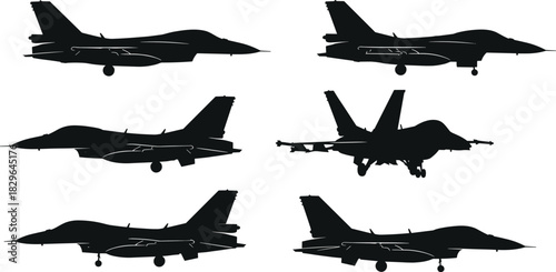 Fighter jet silhouettes, military aircraft, side profile views, aviation icons, jet configurations, black vector, defense aviation, tactical design, aircraft shapes