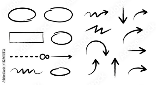 Various arrows and shapes including ovals, rectangles, and dashed lines in black and white