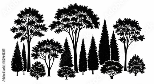 Black and white illustration of various trees and plants in a forest setting, showcasing different types of foliage and trunks