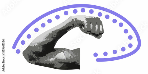 Strong arm with fist and purple arc design on white background