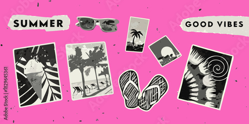 Summer vacation memories and good vibes on a pink background