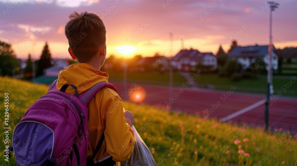 custom made wallpaper toronto digitalYoung Child in Yellow Jacket Watching Stunning Sunset Over Rural Landscape and Running Track