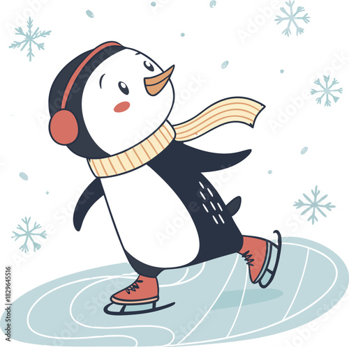 Whimsical penguin skating joyfully under gentle snowfall, wearing earmuffs and scarf, perfect for winter holiday invitations and children's designs