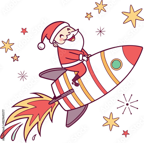 Whimsical Santa Claus blasting off on a festive rocket ship among twinkling stars to deliver holiday cheer, perfect for children's books and greeting cards
