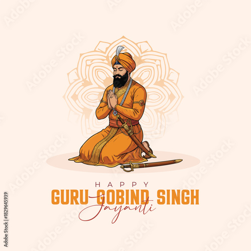 Guru Gobind Singh Ji Vector Illustration — Sikh Warrior Saint Artwork for Gurpurab and Sikhism Festival