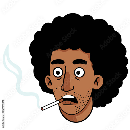 African american man with curly hair cartoon illustration smoking a cigarette, health problem concept for advertising and web design.