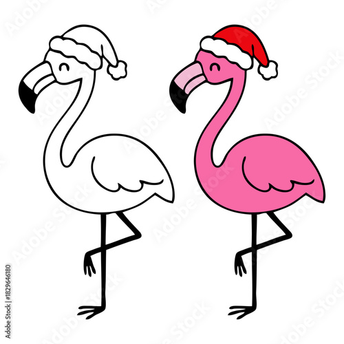 Dibujo sencillo con líneas de flamenco simpático con sombrero de Santa Claus para tarjetas y felicitaciones de Navidad