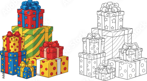 Gift box illustration set, colorful and outline version, present stack, ribbon bows, festive packaging, holiday design, black and white vector