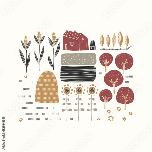 Farm landscape. Silhouette of a house, apple trees, sunflowers, corn, and vegetable beds.
