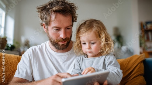 Father and child using tablet together at home.