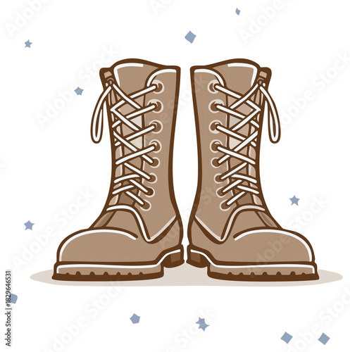 Pair of Brown Lace Up Military Style Boots With White Laces Illustrated