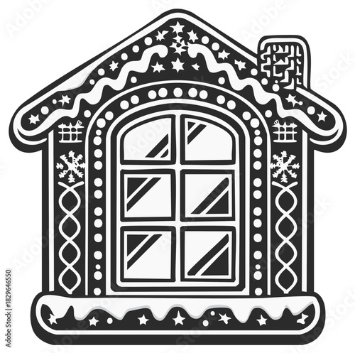 Decorative gingerbread house illustration with icing and snow. Black and white Christmas cookie graphic for holidays.
