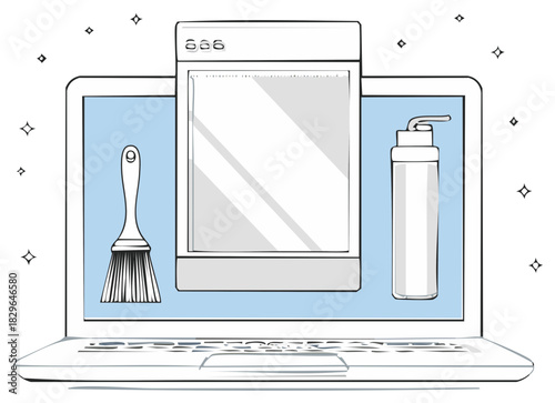 Laptop screen displays cleaning tools and dispenser bottle with sparkling effect
