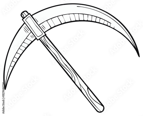 Simple black and white vector line art illustration of a classic scythe harvesting tool for agriculture or symbolic concepts