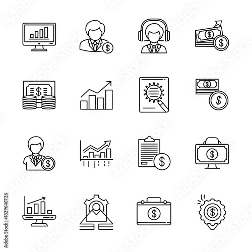 Set of icons representing business, finance, and investment concepts including charts, money, and documents