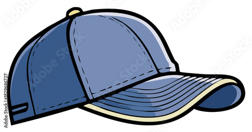 Stylized blue baseball cap with black outline and yellowish highlights in flat lay perspective