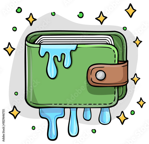 Whimsical Green Wallet Melting with Blue Liquid Dripping Illustrating Financial Concepts