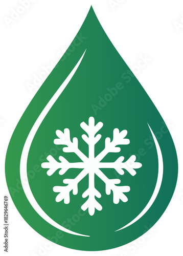 Green Water Drop with Snowflake Symbolizes Cold Water Conservation or Air Conditioning Solutions