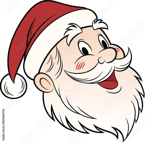 Cheerful Santa Claus face illustration with rosy cheeks and a twinkle in his eye, spreading holiday joy and Christmas spirit for festive designs