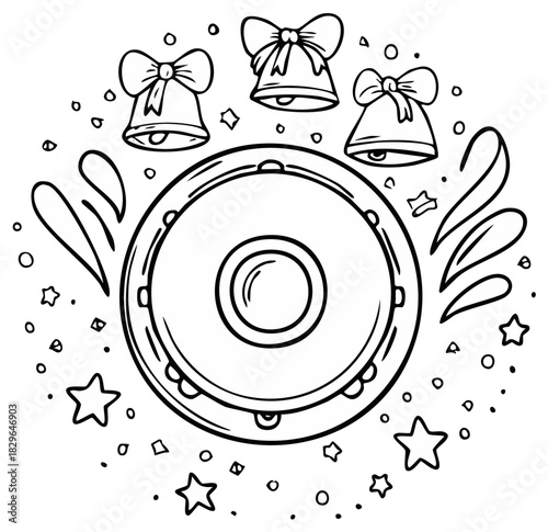 Monochrome hand drawn tambourine surrounded by festive jingle bells and scattered stars