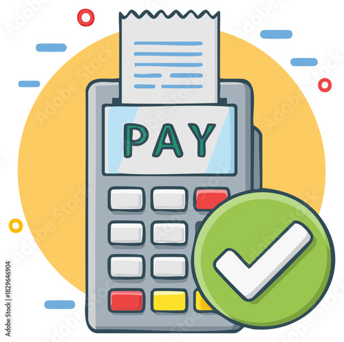 Illustration of a successful cashless transaction on a POS terminal with a printed receipt and green approval checkmark icon