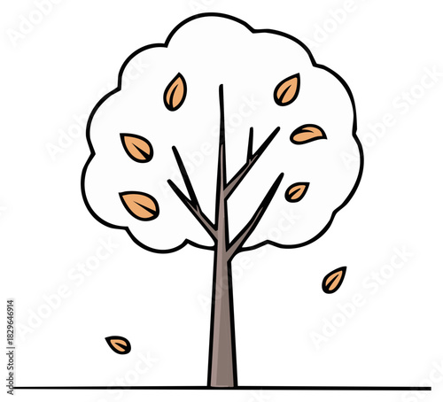 Autumn tree shedding its leaves illustration, cartoon style, simplistic design