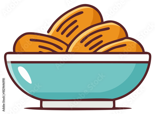 Bowl of golden brown potato chips, a crunchy snack in a turquoise dish