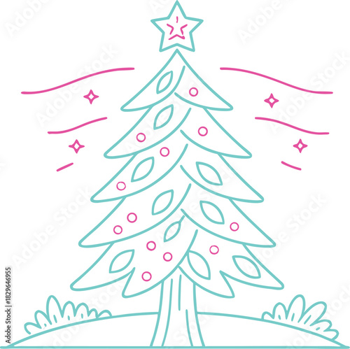 Cheerful Christmas tree with star, pink and teal neon outline style, perfect for bright holiday designs and festive promotions, add some vibrant flair today