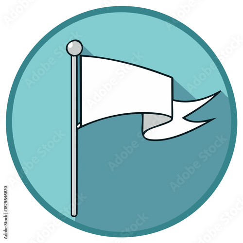Cartoon illustration of white surrender flag waving on a flagpole, inside a teal circle
