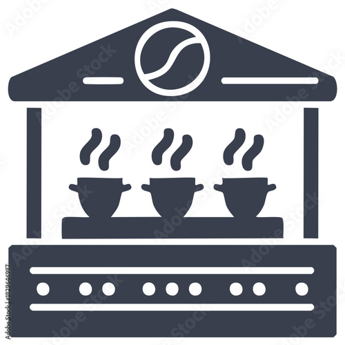 Coffee Stall Icon with Steaming Cups and Coffee Bean Logo Symbol