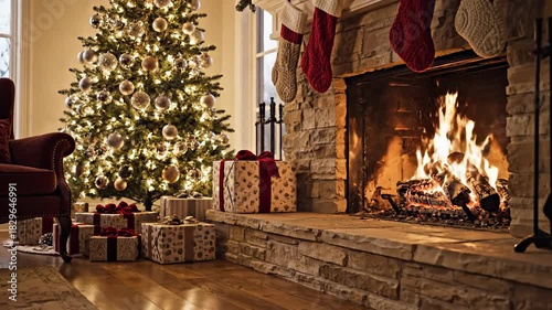 Cozy festive holiday scene with a beautifully lit Christmas tree, glowing fireplace, and presents, perfect for capturing the warmth of the season in stunning 4K Footage