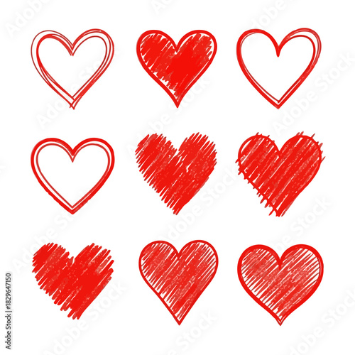 Nine red heart icons in various styles including outlined and filled, isolated on