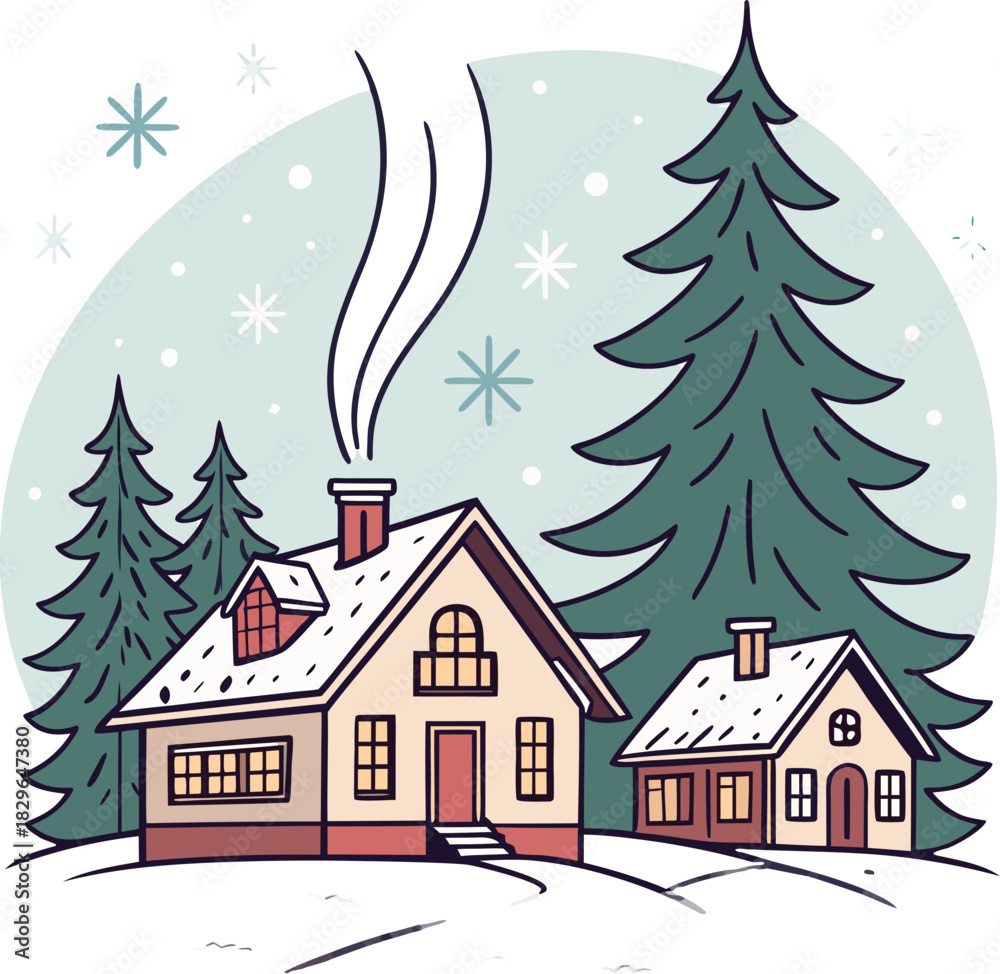Naklejka premium Charming winter houses nestled among snow-covered pines, perfect for holiday promotions and cozy seasonal greetings, offering a touch of festive cheer