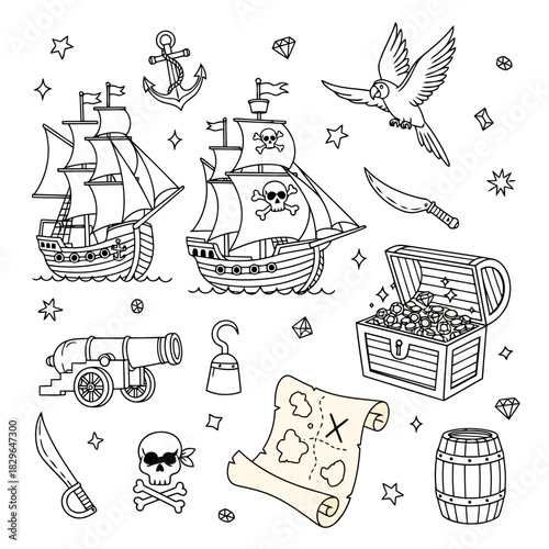 Piratethemed illustration featuring a ship, treasure chest, parrot, map, and other adventure elements
