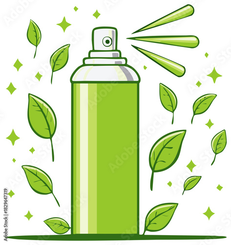 Spraying Green Eco-Friendly Product Surrounded by Leaves and Sparkles