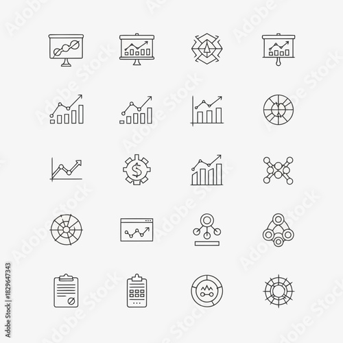 Set of business icons including charts, graphs, and financial symbols for use in presentations and reports