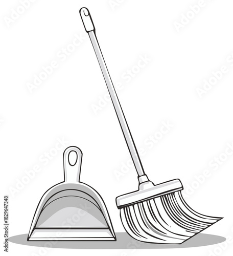Simple line drawing of a broom and dustpan set for household chores