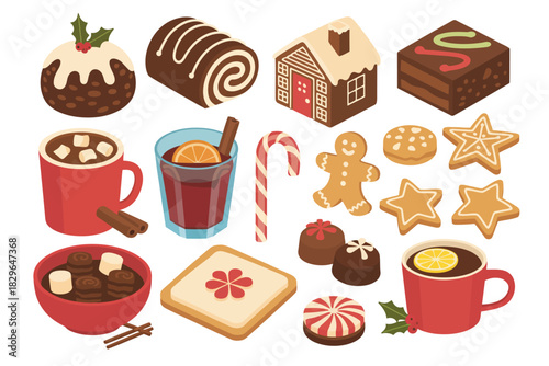 Festive food, isometric vector illustration set featuring christmas pudding, yule log cake, gingerbread house, holiday treats and desserts, detailed seasonal design elements.
