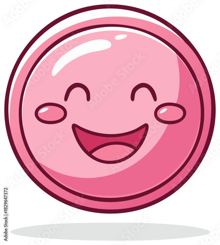 Cute smiling pink circular character with happy expression and blushing cheeks