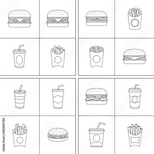 Set of fast food items including burgers, fries, and drinks in a grid layout with simple line art style