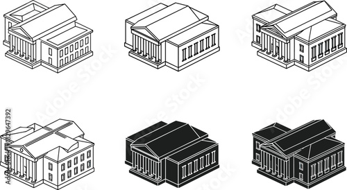 Isometric classical building illustrations, Greek Roman architecture, column structures, pediment design, ancient temple icons, historical architecture vector, black and white contrast set
