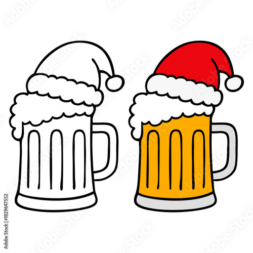 Logo cervecería. Dibujo sencillo con líneas de jarra de cerveza con sombrero de Santa Claus para tarjetas y felicitaciones de Navidad