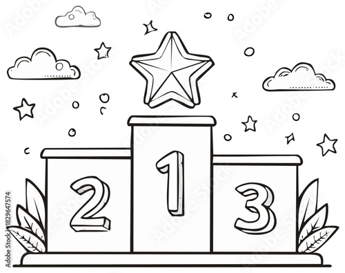 Hand drawn illustration of a winner's podium with a star trophy for first place