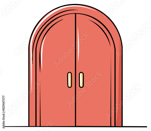 Illustration of a pink arched doorway with black outlines and golden door handles, simple and bold design