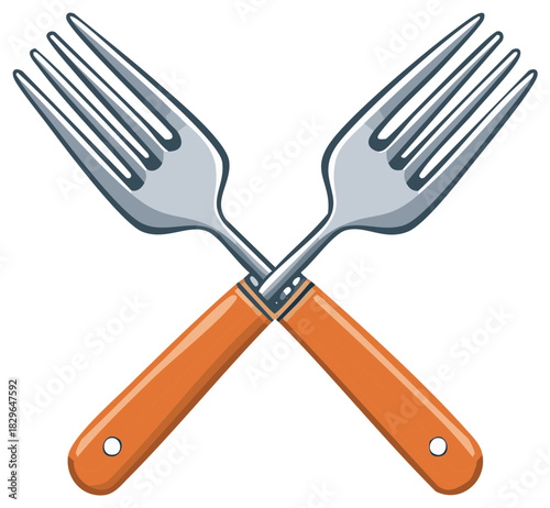 Cartoon illustration of two crossed dining forks with wooden handles