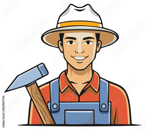 Cartoon man in overalls holds hammer, smiling worker in hat with tool, construction