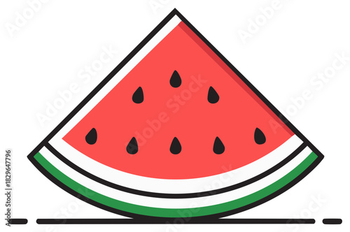 Simple stylized wedge of juicy red watermelon with black seeds and green rind