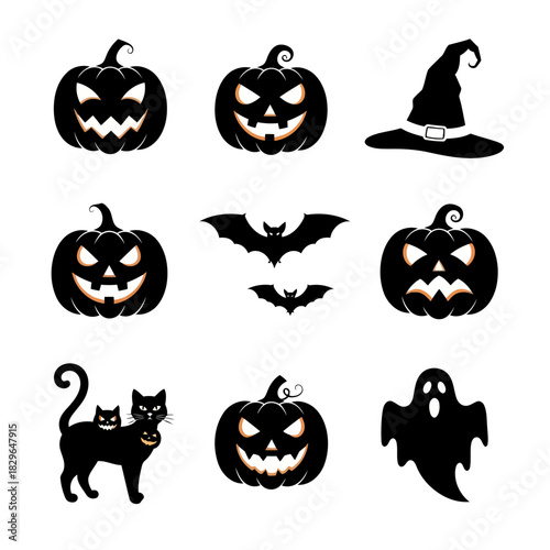 Halloweenthemed icons including jackolanterns, bats, a witchs hat, a black cat, and a ghost isolated on