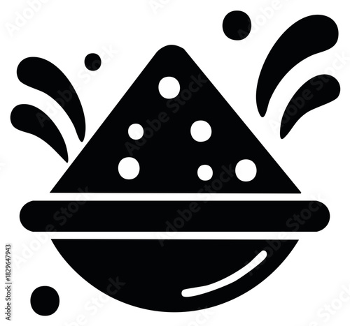 Black and white illustration of a conical pile of powder with splashes and droplets