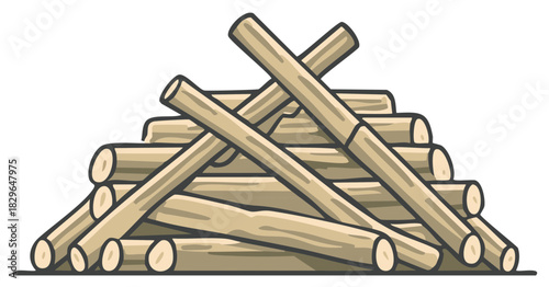 Stack of Firewood Logs, Rustic Pile of Wooden Branches, Timber Resource Illustration